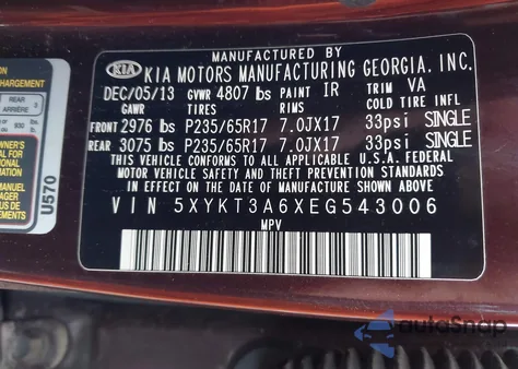 2014 Kia Sorento Lx z USA, uszkodzony, nr VIN 5XYKT3A6XEG543006